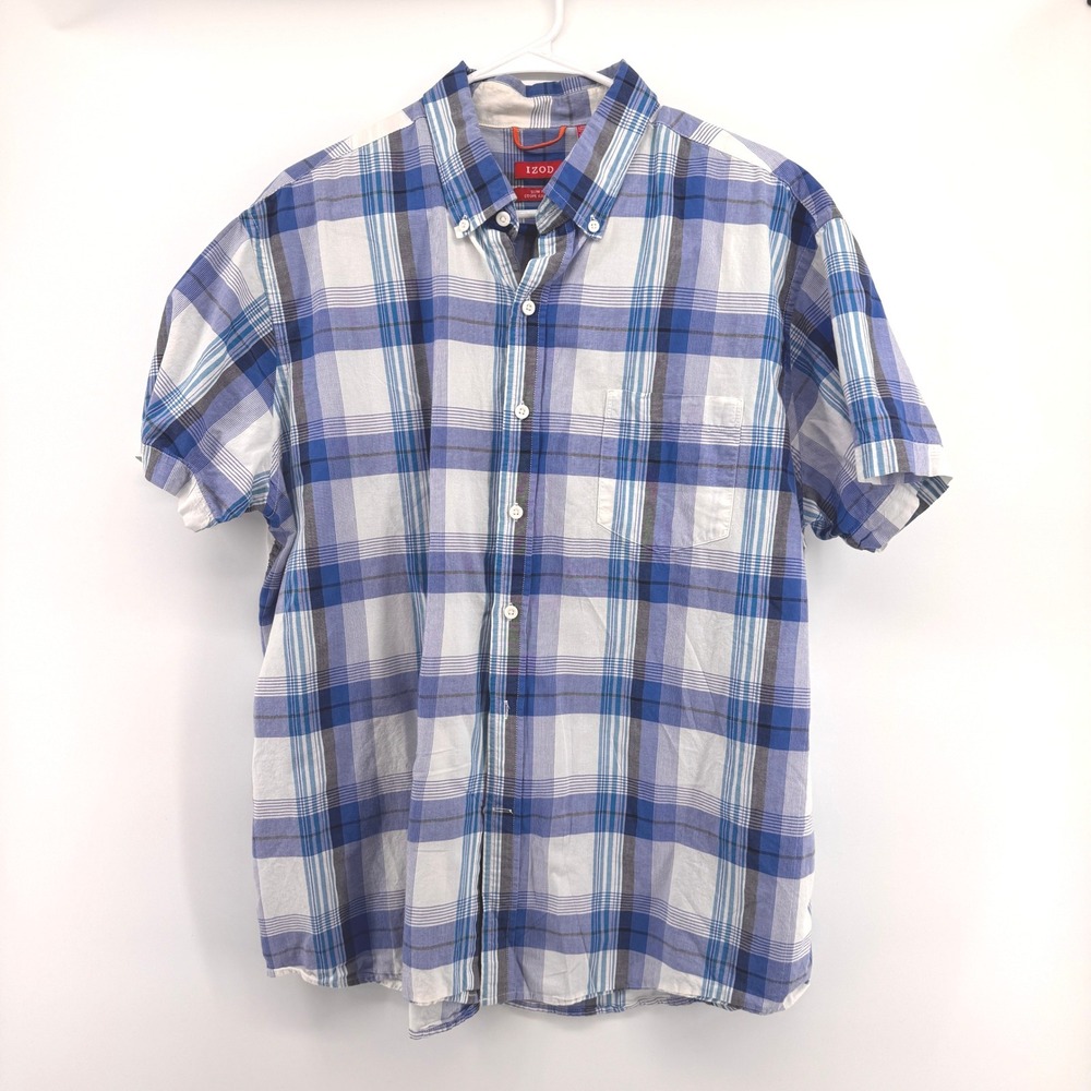Summer IZOD Men's XL Slim Fit Short Sleeve Plaid Button Down Shirt Blue White